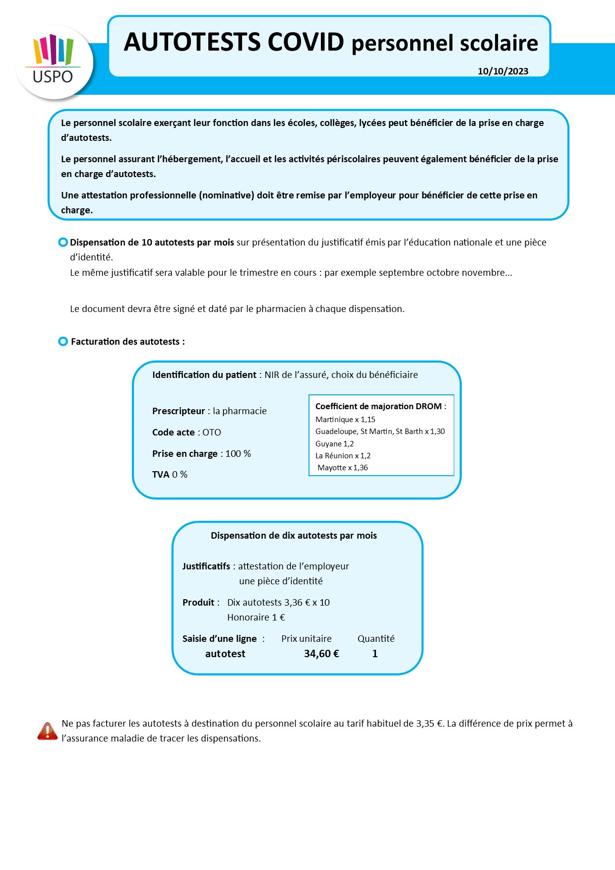 Covid Octobre 2023 Autotests Covid personnel scolaire - Fiche pratique (maj 10/10/23) - USPO
